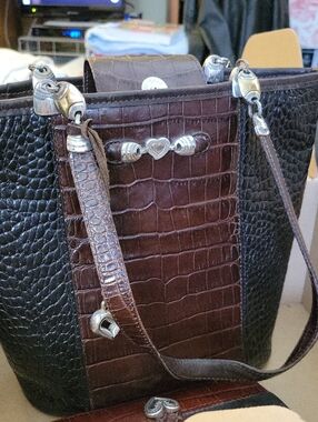 Brighton Two-Tone Croc-Embossed Leather Tote in Brown & Black